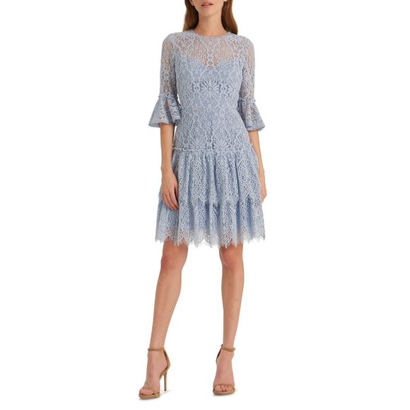 NWT Monique Lhuillier Blue Lace Tiered Dress Size 4 - Picture 2 of 12